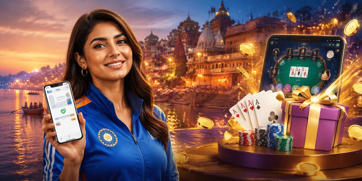 Players enjoying Teen Patti card game with cricket backdrop in Varanasi